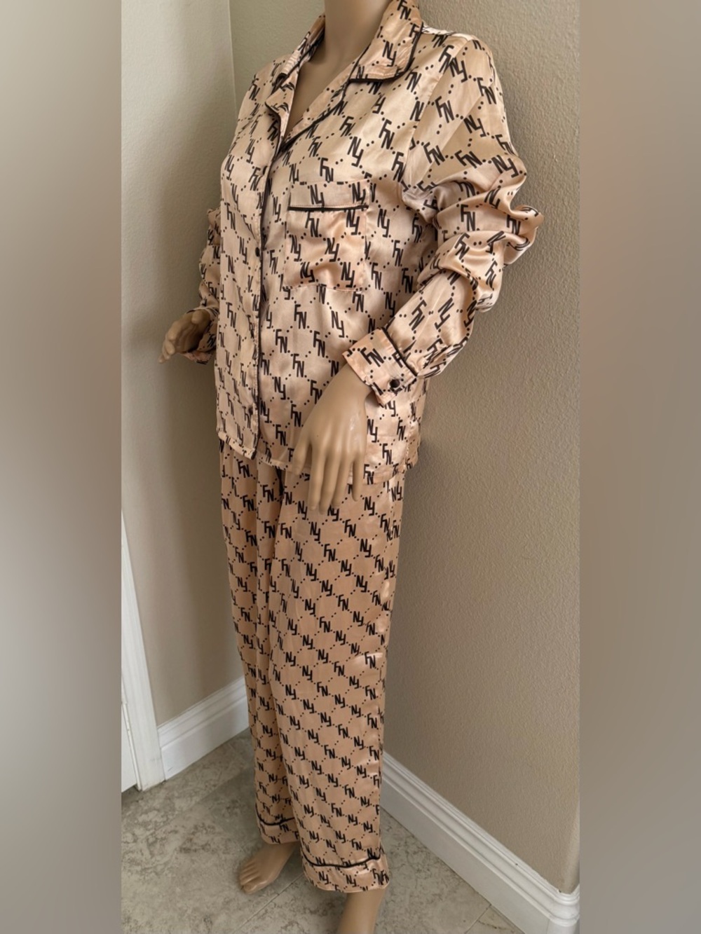Monogram Satin Pajama Set in Beige and Brown